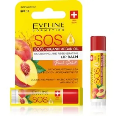 Eveline Cosmetics Peach Sorbet SOS 100% Organic Argan Oil Balsam do ust od�ywczo-regeneruj�cy SPF 15 4.5 ml