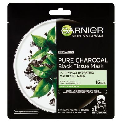 Garnier Pure Charcoal Black Tissue Mask matujco-oczyszczajca maska na tkaninie z ekstraktem z czarnej herbaty 28 g