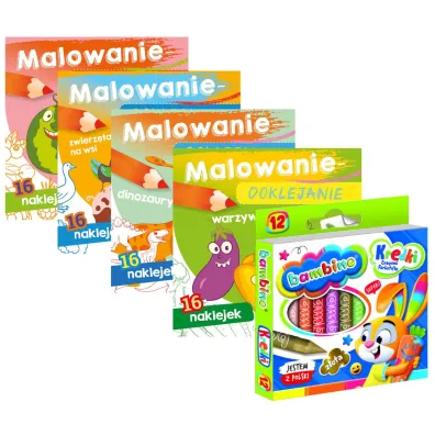 Pakiet dla przedszkolaka. Malowanie-doklejanie: Owoce, Warzywa, Zwierz�ta na wsi, Dinozaury + Kredki Bambino