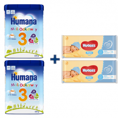 Humana 3 Mali Odkrywcy Napj mleczny w proszku po 12. miesicu + Huggies Chusteczki nawilane Pure Zestaw 2 x 650 g + 2 x 56 szt.