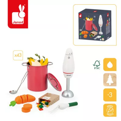 Zestaw do gotowania zupy z drewnianym blenderem i akcesoriami 3+ Janod