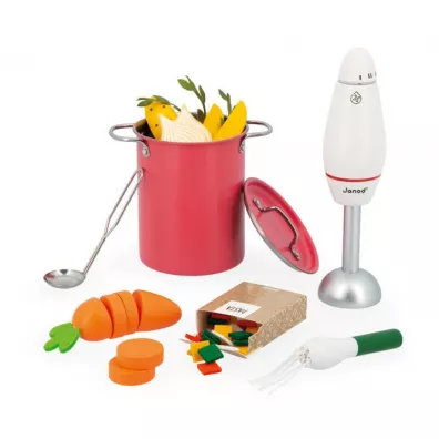 Zestaw do gotowania zupy z drewnianym blenderem i akcesoriami 3+ Janod