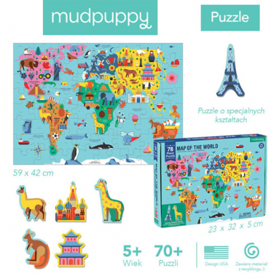 Puzzle Mapa wiata z elementami w ksztacie budynkw i zwierzt 5+ Mudpuppy