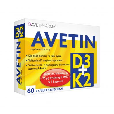 Avet Pharma Avetin D3 + K2 (2000 IU + 75 ug) Suplement diety 60 kaps.