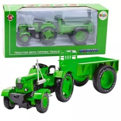 Traktor rolniczy z przyczep metalowy zielony 1:18 Leantoys
