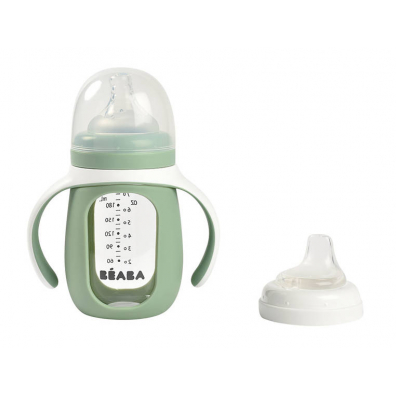 Beaba Szklana butelka treningowa w silikonowej osonce 2w1 Sage green 210 ml