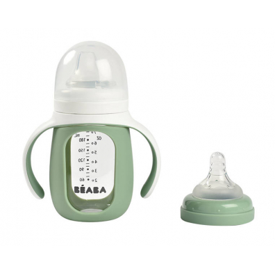 Beaba Szklana butelka treningowa w silikonowej osonce 2w1 Sage green 210 ml