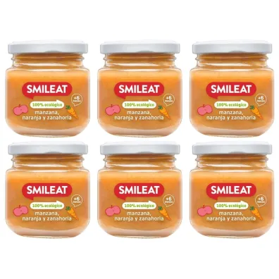 Smileat Deser z ekologicznymi jab�kami, marchewk� i pomara�cz� po 6 miesi�cu Zestaw 6 x 130 g Bio