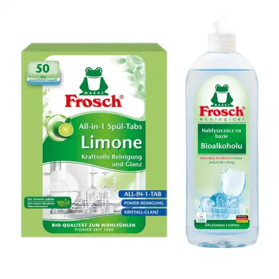 Frosch Tabletki do zmywarek All in One limonkowe + Nabyszczacz na bazie Bioalkoholu Zestaw 50 szt. + 750 ml