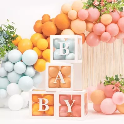 PartyDeco Pude�ka na balony BABY bia�e 30x30cm 4 szt.