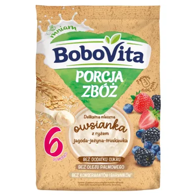 BoboVita Porcja zb� Delikatna mleczna owsianka z ry�em jagoda-je�yna-truskawka po 6. miesi�cu 210 g