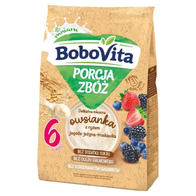 BoboVita Porcja zb� Delikatna mleczna owsianka z ry�em jagoda-je�yna-truskawka po 6. miesi�cu 210 g