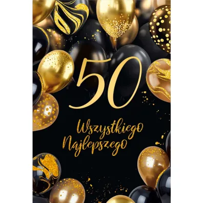 Karnet B6 50 Urodziny z�ote i czarne balony