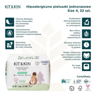 Kit and Kin Biodegradowalne pieluszki jednorazowe 4 Maxi Plus (9-14 kg), Fox/Tiger 32 szt.