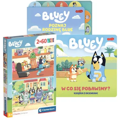 Pakiet: Bluey. Poznaj rodzin� Blue, Bluey. W co si� pobawimy? Ksi��ka z okienkami, Puzzle 2x60 el. SuperColor. Bluey