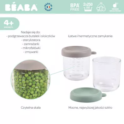 Beaba Zestaw pojemnikw soiczkw szklanych z zamkniciem Sage green/Gazelle 2 x 250 ml