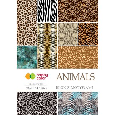 Happy Color Blok z motywami ANIMALS, 15 motyww, A4, 80g, 15 arkuszy, 15 motyww 80 g 15 kartek