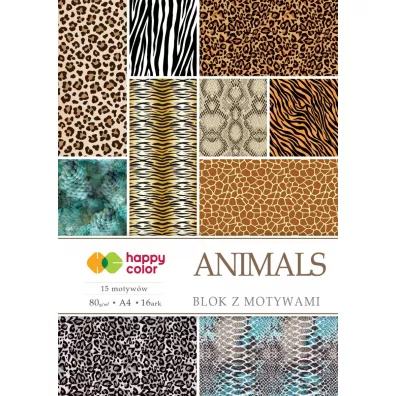 Happy Color Blok z motywami ANIMALS, 15 motyww, A4, 80g, 15 arkuszy, 15 motyww 80 g 15 kartek
