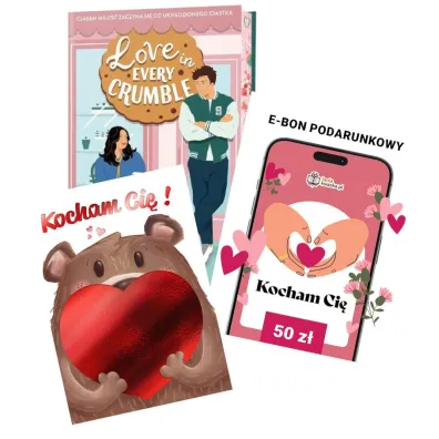 Pakiet: Love in Every Crumble (barwione brzegi), Karnet B6 z kopert� z�ocony Misiek Walentynki, e-Bon Karta Podarunkowa Kocham Ci� 50 z� TaniaKsiazka.pl