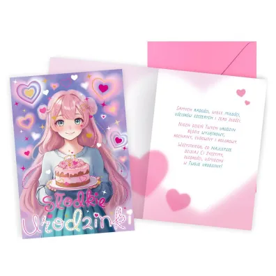 Kukartka Karnet urodziny dzieci�ce anime, dziewcz�ce, tort PR-558