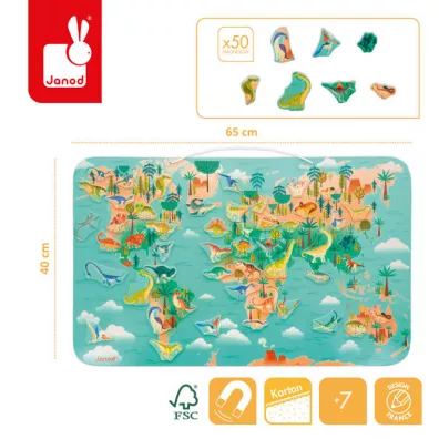 Ukadanka drewniana magnetyczna Mapa wiata z 50 magnesami Dinozaury 7+ Janod