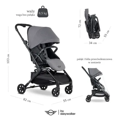 Easywalker Kompaktowy w�zek spacerowy Mini Buggy Turn z obrotowym siedziskiem 360� Soho Grey (uszkodzone opakowanie)