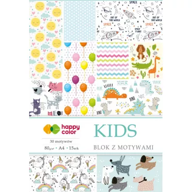 Happy Color Blok z motywami KIDS, A4, 80g, 15 arkuszy, 30 motyww 15 kartek