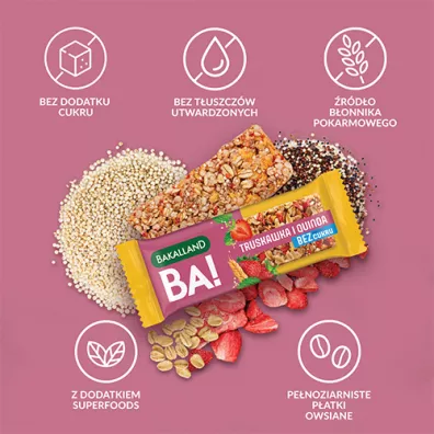 Bakalland Ba! Baton 5 zb Truskawka i Quinoa bez dodatku cukru 30 g