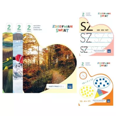 Zdobywam �wiat. Karty pracy. Cz�� 1-3 + zeszyt do kaligrafii + zeszyt do matematyki. Poziom 2 - Justyna Hadry�