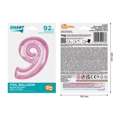 Godan Balon foliowy cyfra 9 jasnor�owa Smart 92cm