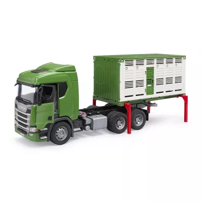 Scania Super 560R ci�ar�wka zielona kontener z figurk� krowy Bruder