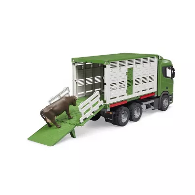 Scania Super 560R ci�ar�wka zielona kontener z figurk� krowy Bruder