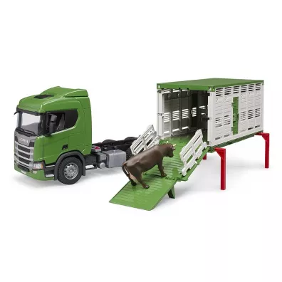 Scania Super 560R ci�ar�wka zielona kontener z figurk� krowy Bruder