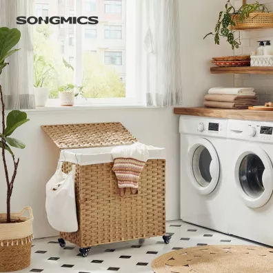 Songmics Kosz na pranie na kkach 3 przegrody Brzowy