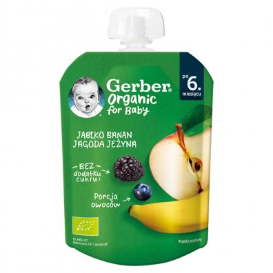 Gerber Organic Deser w tubce jabko, banan, jagoda, jeyna po 6. miesicu 80 g Bio