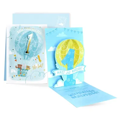 Kukartka Karnet PU-021 Urodziny 1  cyferki, roczek, niebieski balon
