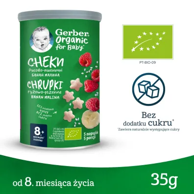 Gerber Organic Chrupki ry�owo-pszenne banan malina dla niemowl�t po 8 miesi�cu 35 g Bio