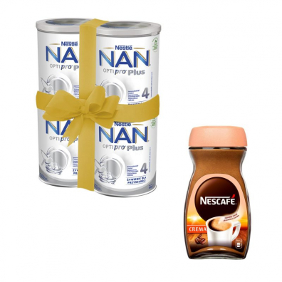 Nestle Nan Optipro Plus 4 Produkt na bazie mleka junior dla dzieci po 2. roku + Nescafe Crema Kawa rozpuszczalna Zestaw 4 x 800 g + 200 g