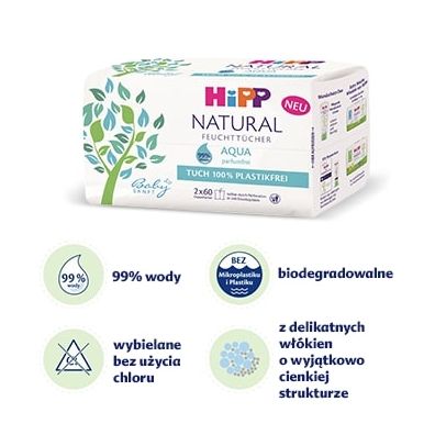 Hipp Babysanft Ultra-Sensitive Biodegradowalne chusteczki nawilane Natural Aqua 99% wody, od 1. dnia ycia 2 x 60 szt.