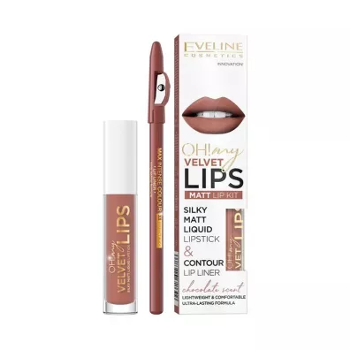 Eveline Cosmetics Oh! My Velvet Lips Liquid Matt Lip Kit zestaw matowa pomadka w p�ynie 4.5ml + kontur�wka do ust 1szt 12 Praline Eclair 4.5 ml
