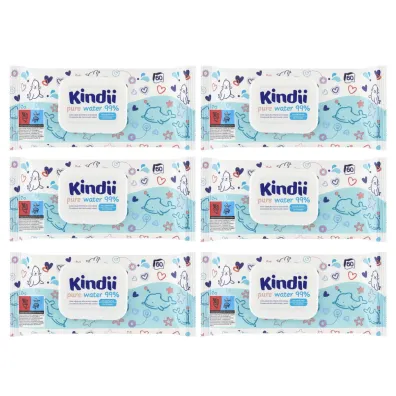 Kindii Pure Water 99% Chusteczki nawil�ane dla niemowl�t i dzieci zestaw 6 x 60 szt.