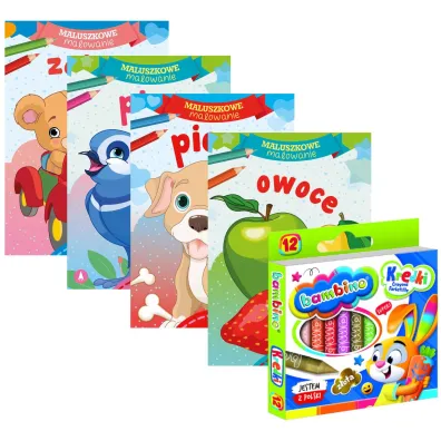 Pakiet dla przedszkolaka. Maluszkowe malowanie: Zabawki, Ptaki, Pieski, Owoce + Kredki Bambino