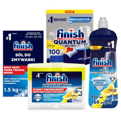 Finish Zestaw do zmywarek: kapsu�ki do mycia naczy�, nab�yszczacz, s�l, p�yn do czyszczenia 100 kaps. + 1.5 kg + 800 ml + 250 ml