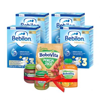 Bebilon Zestaw 3 Pronutra-Advance Mleko modyfikowane po 1. roku ycia o smaku waniliowym + Mus + Przecier owocowy + Kaszka bezmleczna + Obiadek 4 x 1100 g + 85 g + 125 g + 170 g + 125 g