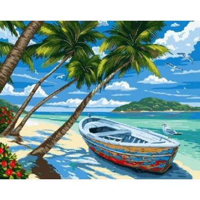 Norimpex Diamentowa mozaika Plaża z palmami, łódka 1007422 30x40 cm