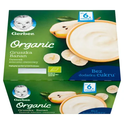 Gerber Organic Deserek mleczno-owocowy gruszka banan po 6 miesi�cu 4 x 90 g Bio