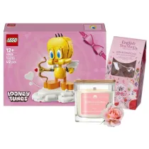 Pakiet Walentynkowy: Uroczy kanarek Tweety 40824, �wieca sojowa zapachowa R�a, Herbata owocowa Gin Botanicals, Jab�ko, Dzika R�a & �urawina w piramidkach