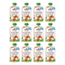 Holle Mus Brzoskwiniowy Pelikan (brzoskwinia - truskawka - jab�ko - owies) bezglutenowy po 6. miesi�cu �ycia Demeter Zestaw 12 x 100 ml Bio