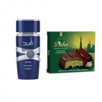 Lattafa Woda perfumowana Asad Zanzibar + Alyan Dubajska Czekolada Mleczna z Nadzieniem Pistacjowym i Kunaf Zestaw 100 ml + 100 g