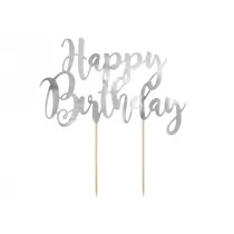 PartyDeco Topper na tort Happy Birthday srebrny 22.5 cm